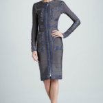Herve Leger Blue Long Sleeve Pattern Trim Dress