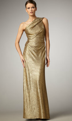 David Meister One Shoulder Gold Metallic Gown