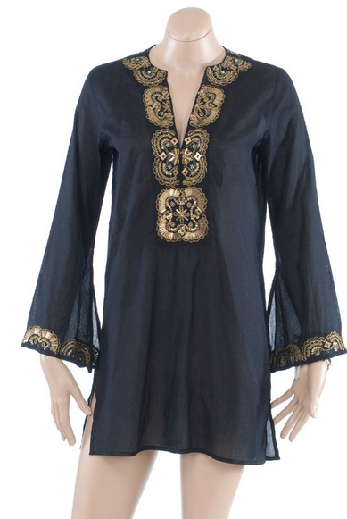 Vix Solid Gold Tunic Cover Up Black and Gold Caftan