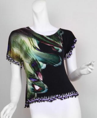 Sky Peacock Top with Fringe Beads