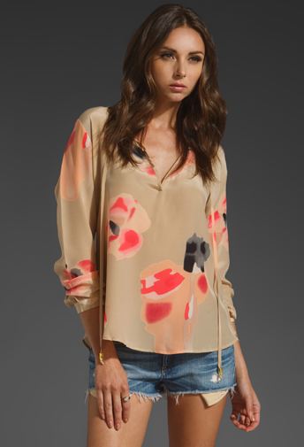 Kareena Grimaldi Drawstring Tan Floral Blouse Lisa Hochstein