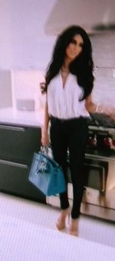 Shahs of Sunset Lilly Ghalichi White Blouse Blue Purse CC Necklace Nude Shoes