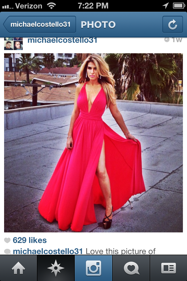 Michael Costello Red Coral Gown with Slit Seen on Joanna Krupa