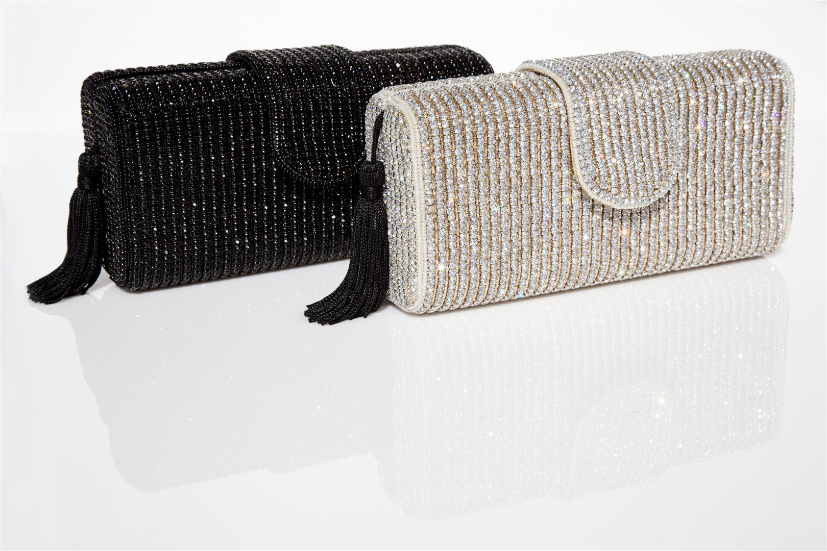 Crystal Tassle Clutch Silver and Black