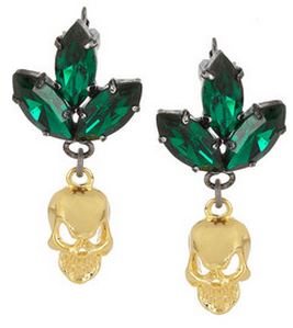 Mawi Gold Plated Green Swarovski Skull Earrings