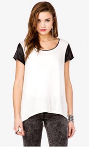 White Tee with Black Leather Sleeves and Trim