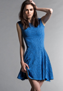 RVN Tatooed Lace Jacquard Flare Dress Blue