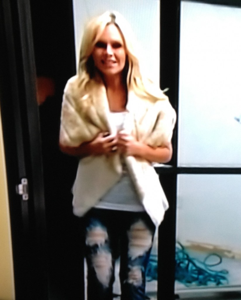 Tamra Barneys Fur Vest and Ripped Jeans at Dinner with Eddie