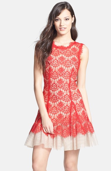 Betsey and Adam Red and Nude Fit and Flare Dress