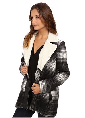 black and white plaid coat with shearling trim