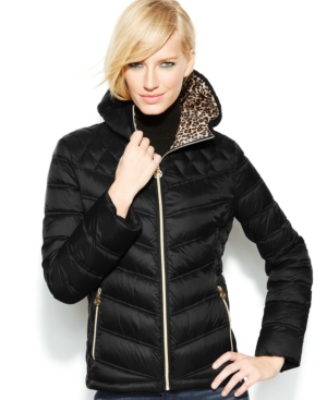 black puffer coat with leopard lining