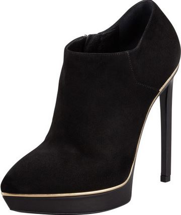 Black Suede Ankle Bootie with Gold Trim