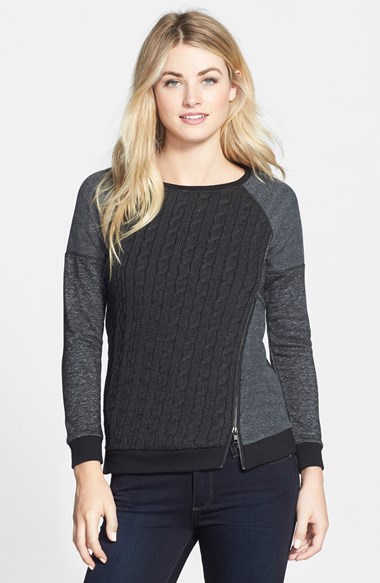 Black and grey colorblock sweater with asymmetric zipper