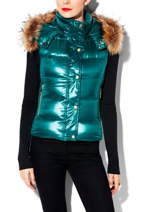 Green Puffer Vest with Fur Hood