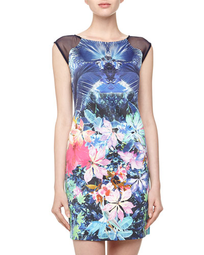 Floral dress with floral mesh sleeve