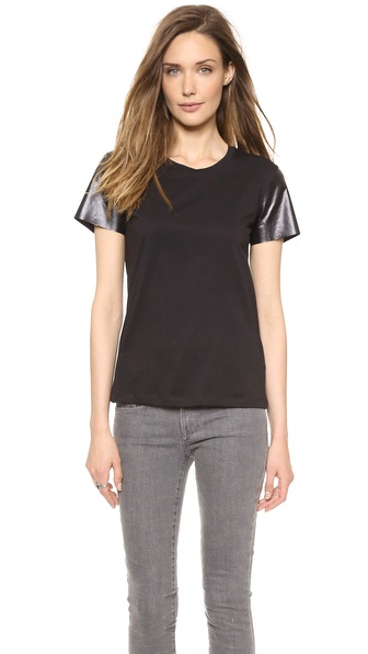 Black T Shirt with Leather Sleeves