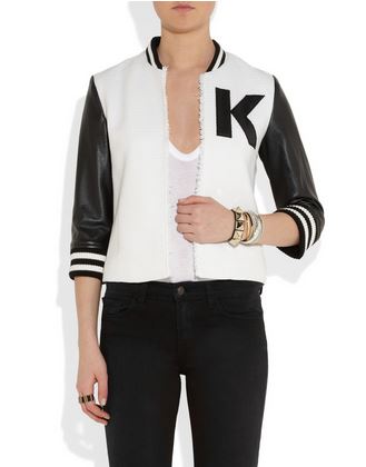 Black and white leather varsity jacket with a K