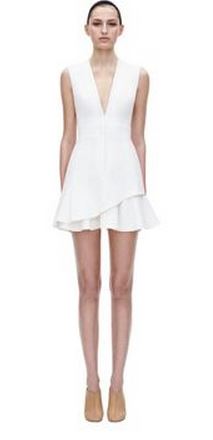Plunging V Dress with Asymmetric Ruffle Hem White