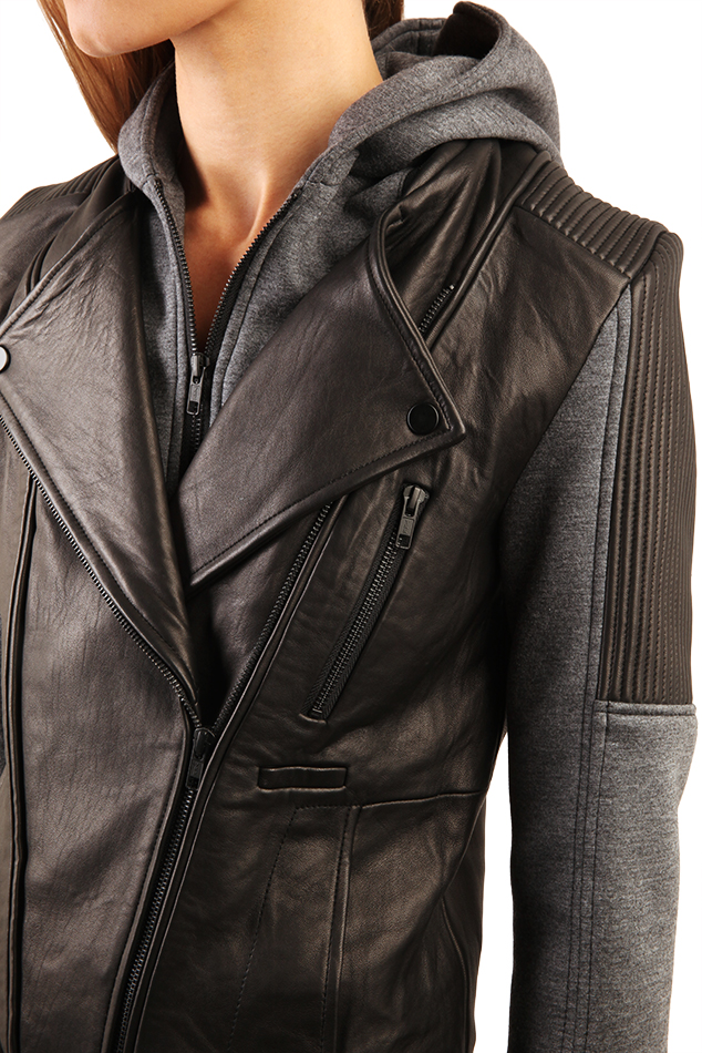 Grey and black quilted hooded leather jacket