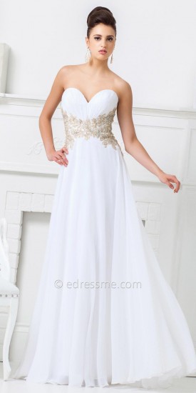 White and gold embellished evening gown