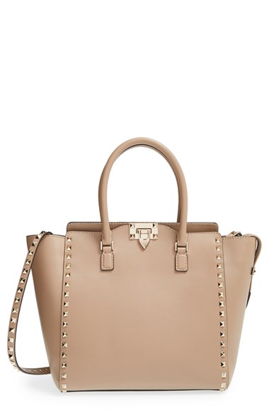 tan studded double handle purse valentino