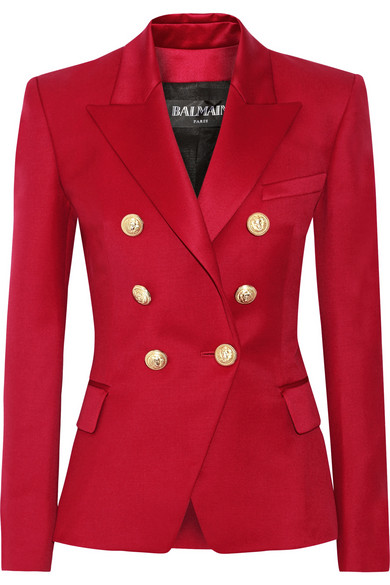 Balmain Double Breasted Wool Twill Jacket Red