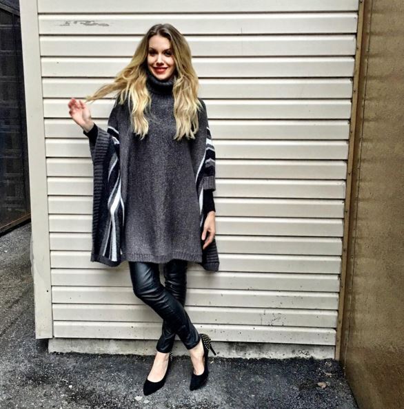 Grey poncho sweater and leather pants