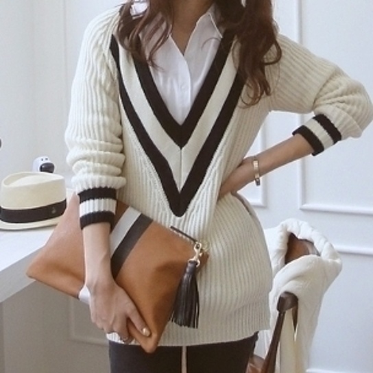 V Neck Striped Varsity Sweater