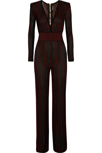 Erika Girardi's black and red sheer stripe jumpsuit