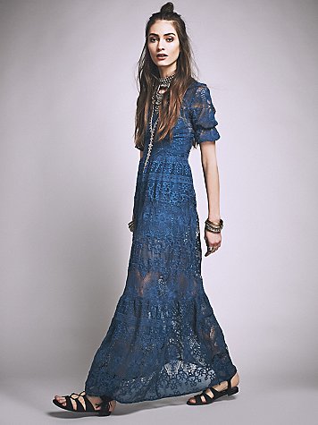 Blue Lace Short SLeev Maxi Dress