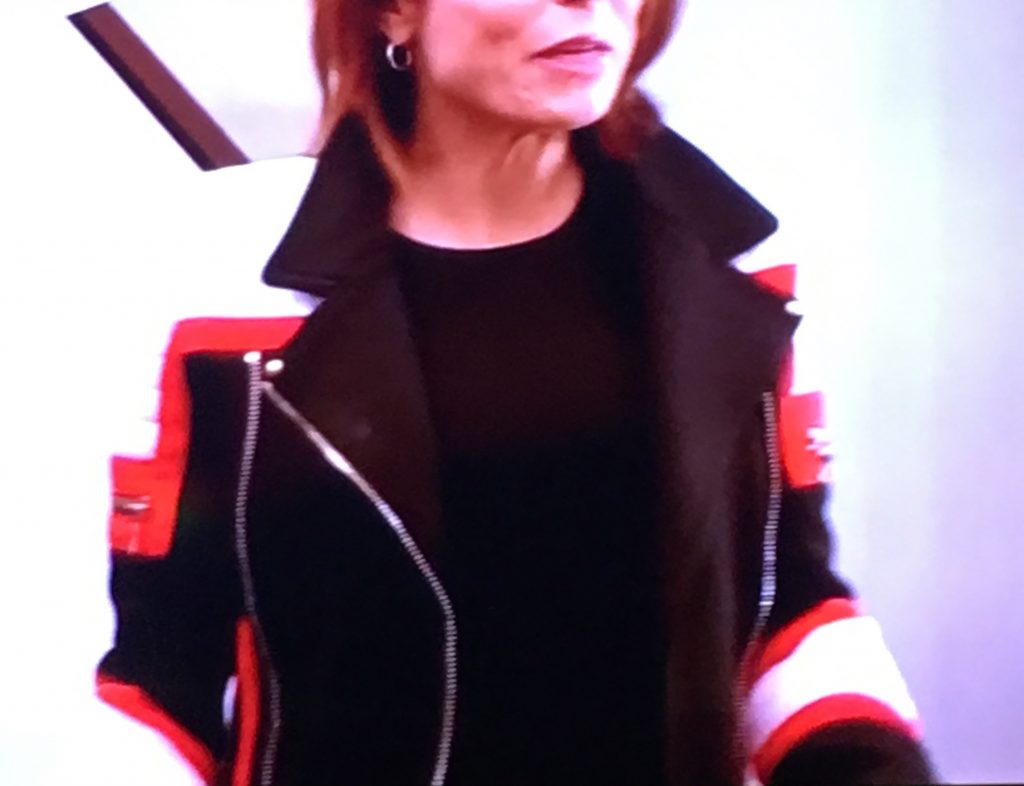 Bethenny Frankel's Black white and red moto jacket