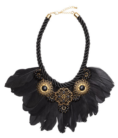 Black Feather Necklace with Gold Charms