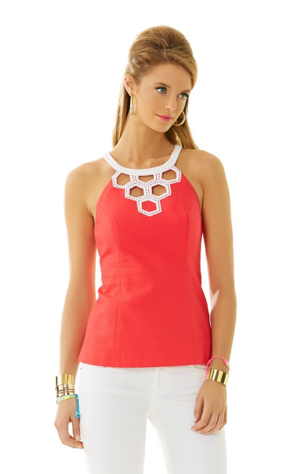 Carmeran Eubanks' Red & White Honeycomb Cut Out Top