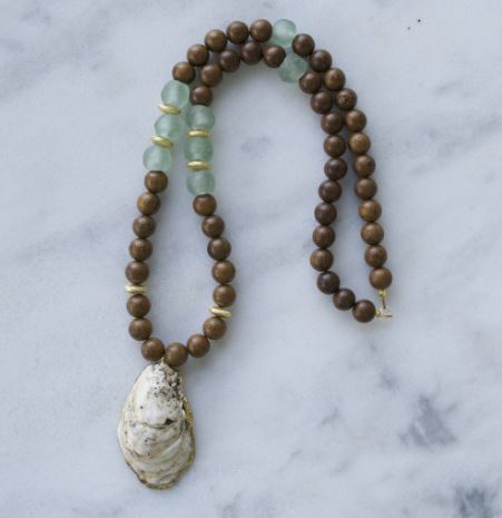 Wood bead necklace with oyster shell