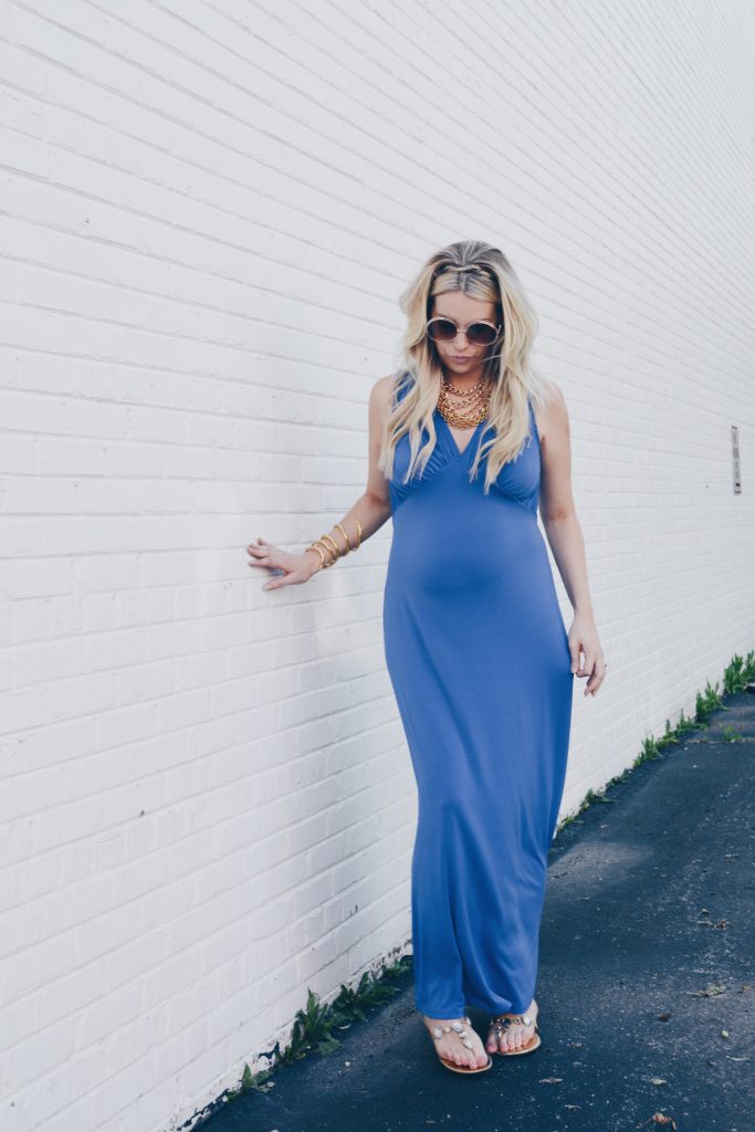 Fashion Blogger in Blue Maternity Maxi Dress