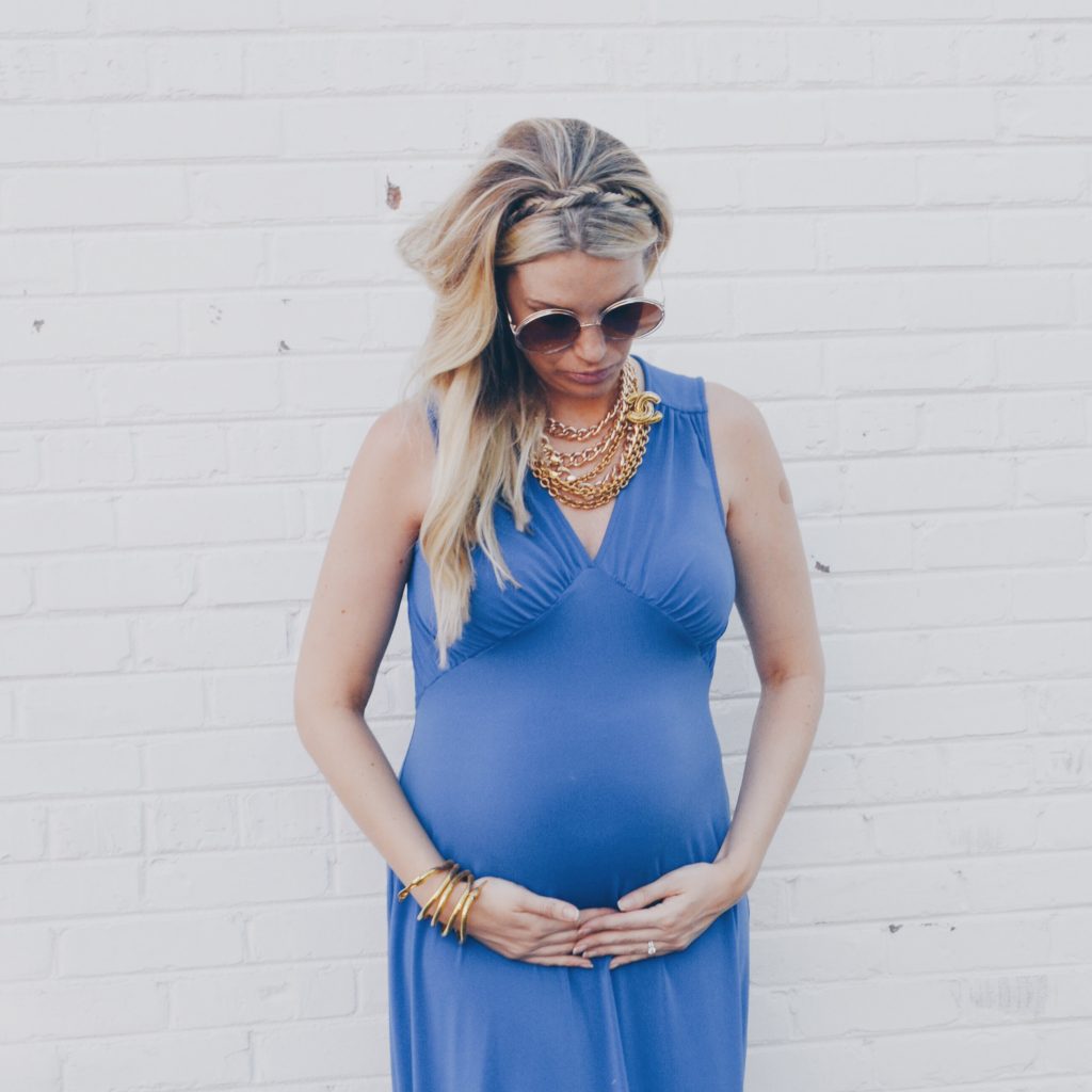 Fashion Blogger in Blue Maternity Maxi Dress