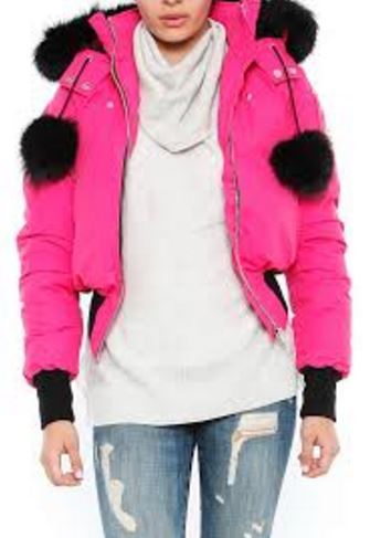 Moose knuckles pink ski jacket with black fur pom poms