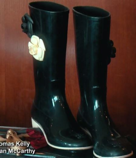 Black Rubber Rain Boots with Black and White Flowers