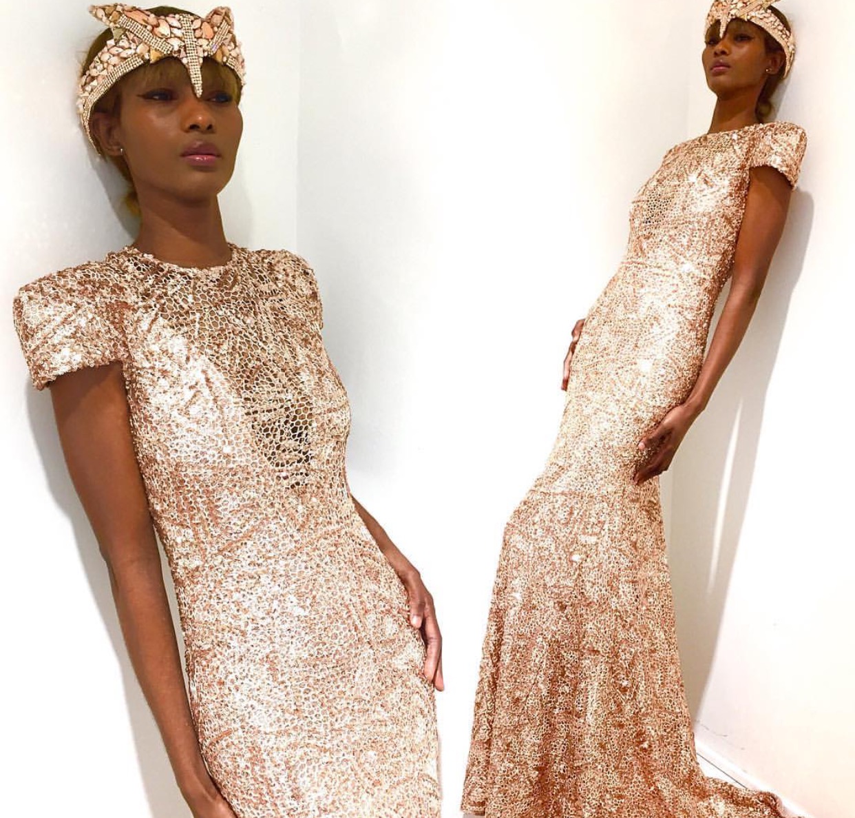 Marc Bouwer Rose Gold Crochet Lace Box Sleeve Gown