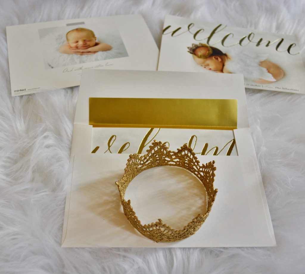 Minted foil pressed birth announcements