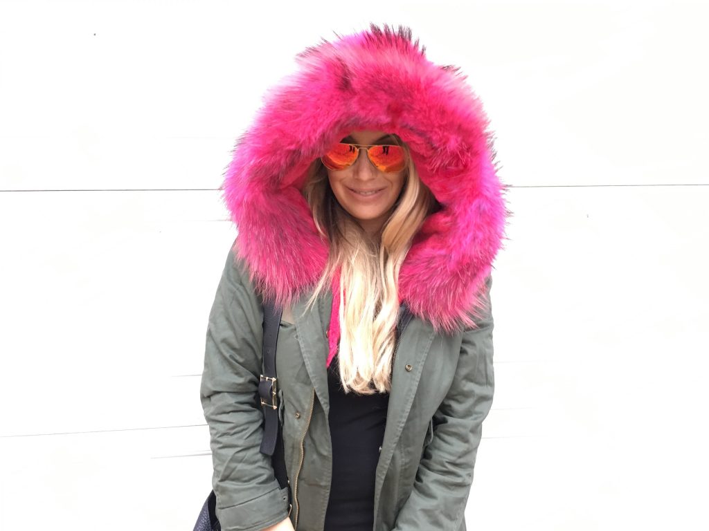 Army green military coat with hot pink fur hood