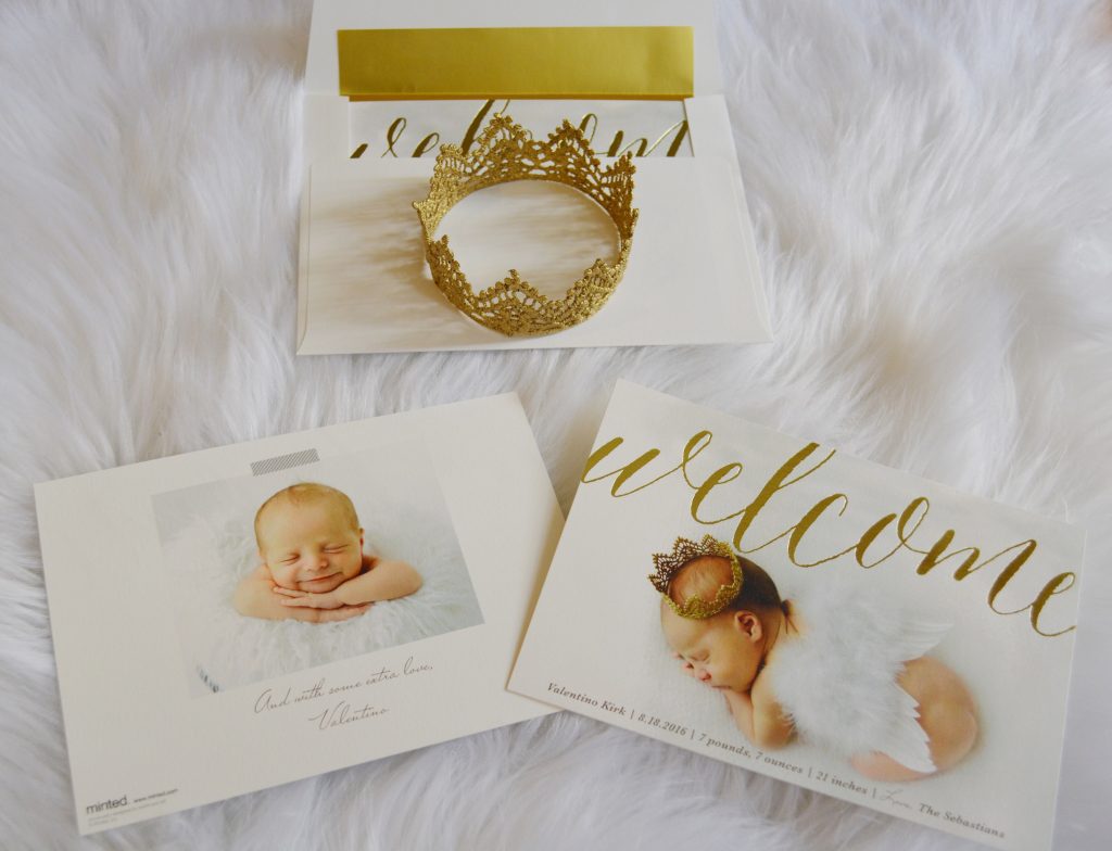 Minted foil pressed birth announcements