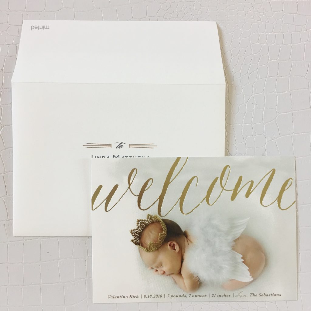 Minted foil pressed birth announcements