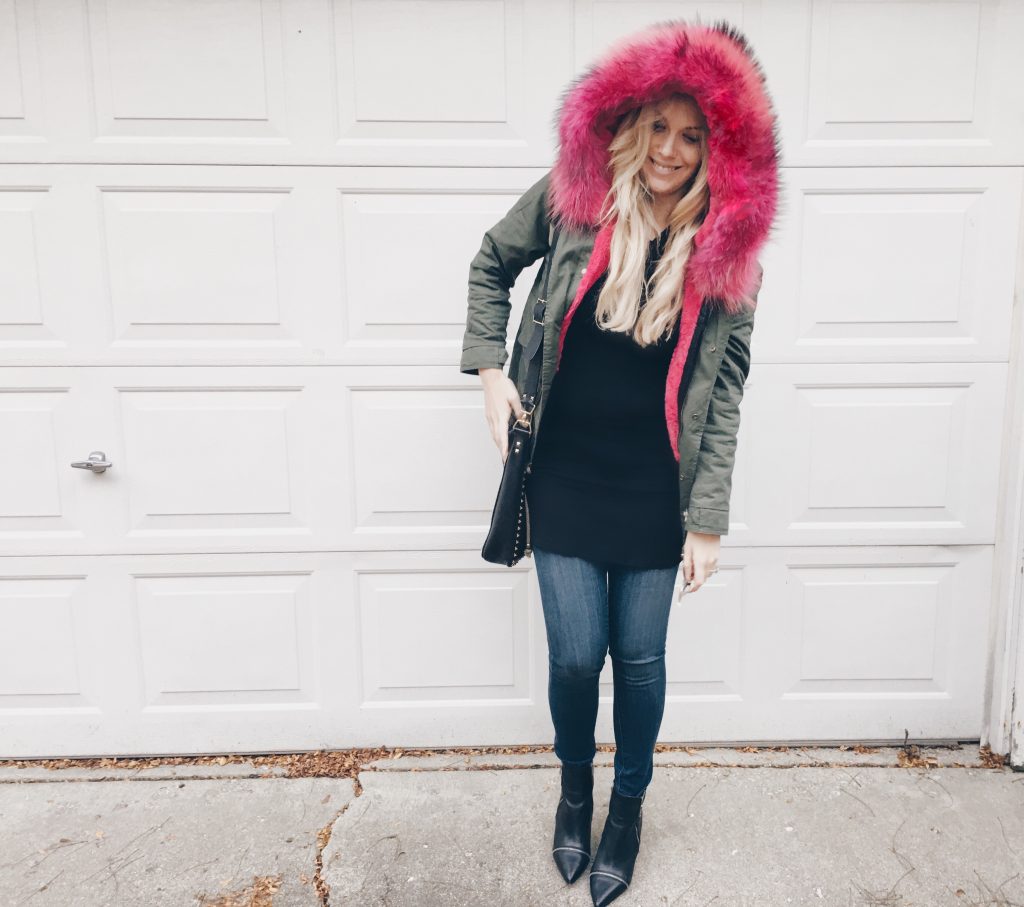Army green military coat with pink fur hood