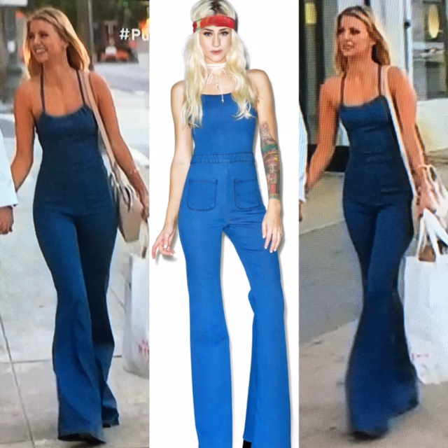 Ariana Madix's Lace Up Back Flared Denim Jumpsuit 