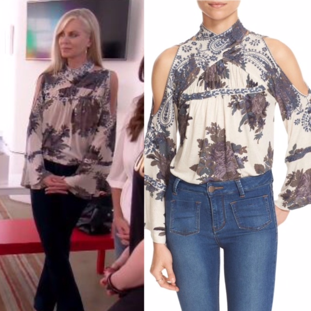 Eileen Davidson's Floral Cold Shoulder Top in Blue and White