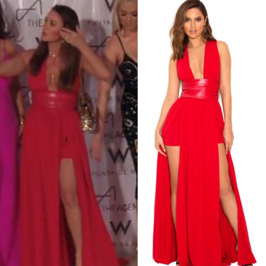 Kyle Richards' Red Slit Maxi Dress with with Leather Belt
