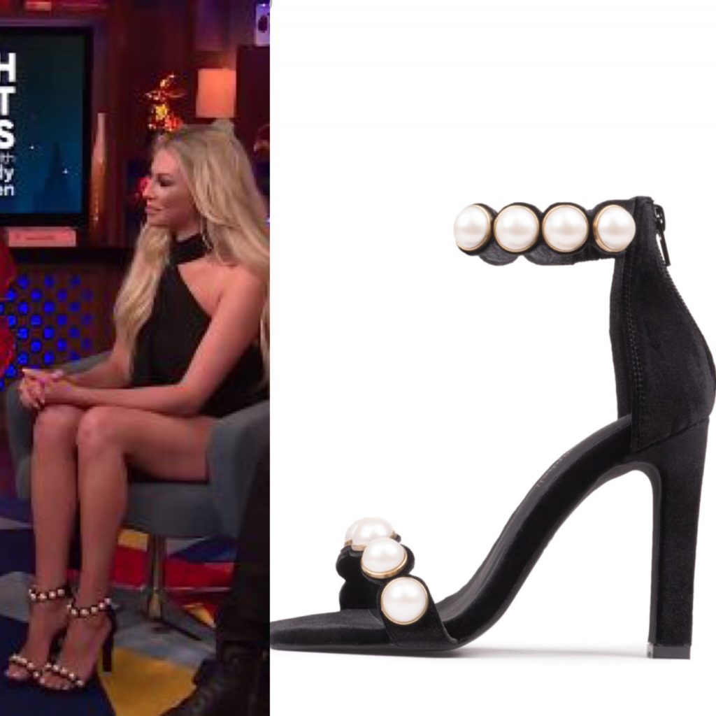 Stassi Schroeder's pearl Ankle Strap Sandals on Watch What Happens Live