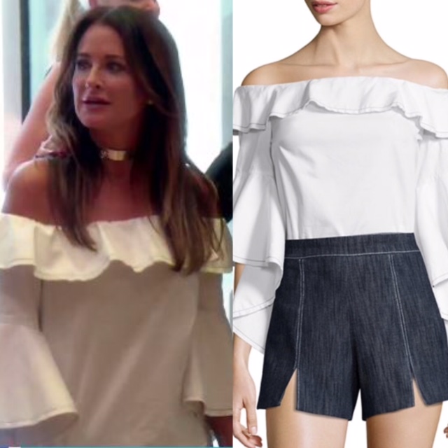 Kyle Richards' White Off the Shoulder Ruffle Top 