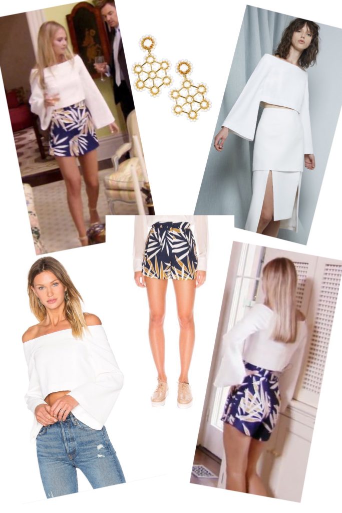 Cameran Eubank's White Off the Shoulder Top with Bell Sleeves worn with her Blue Printed Shorts